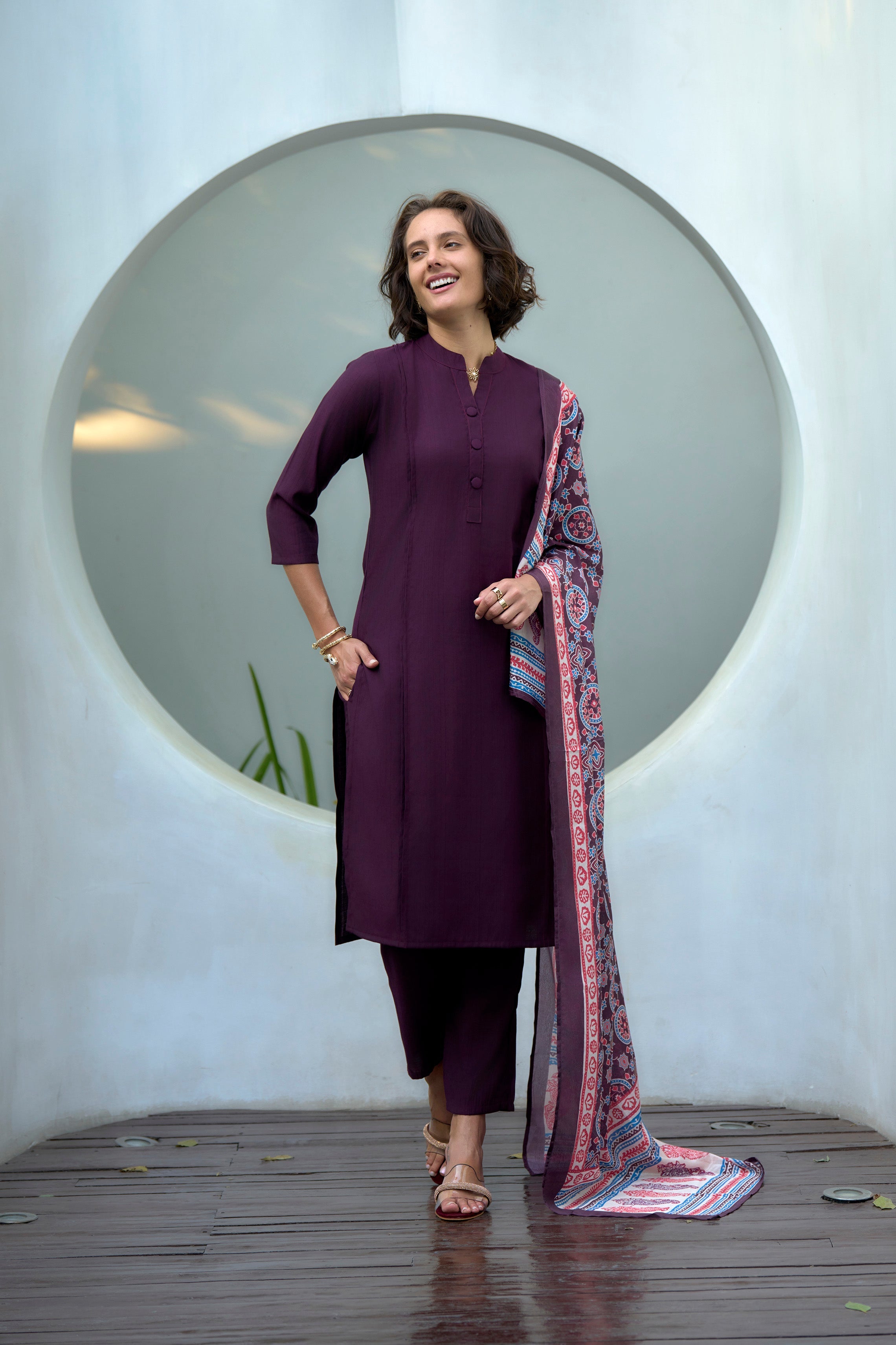 Purpleish Vatican Kurti Set with Chinnon Dupatta – 3/4 Sleeves